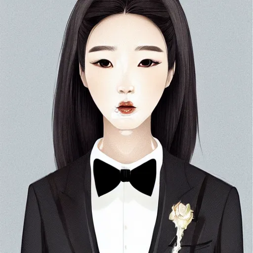 Image similar to portrait of a beautiful korean girl wearing a men's tuxedo, with long hair and bangs, angular features, angry expression, digital art, elegant pose, detailed illustration