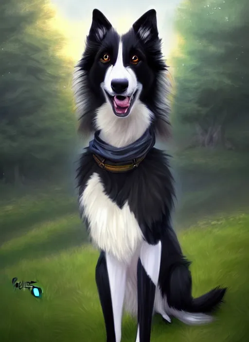 Image similar to full body digital painting of a cute male anthropomorphic border collie fursona wearing a jacket in front of a park, furaffinity, scenic background, intricate, elegant, beautiful, fantasy, highly detailed, trending on artstation, art by charlie bowater, henry asencio, and ross tran