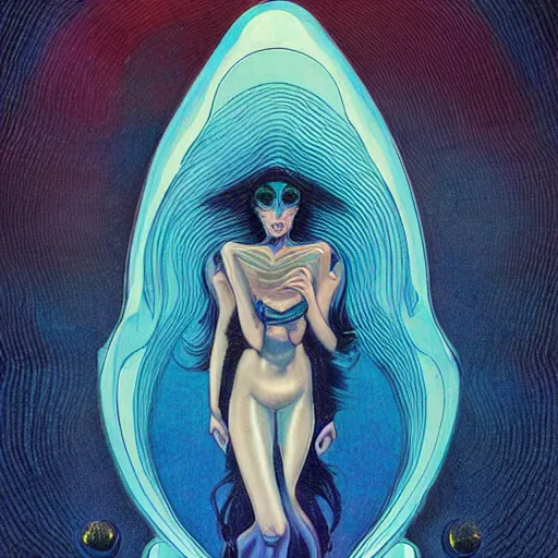 Image similar to dark blue haired woman, fair skinned, mœbius, jean henri gaston giraud, psychedelic, surrealism, dramatic lighting, sci - fi, aliens, beautiful, feminine, dangerous