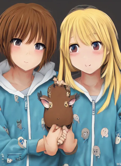 Image similar to highly detailed portrait of one blonde haired blue eyed and one brown haired brown eyed anime girl in animal themed onesies holding hands looking at us, happy, excited, digital art, cute, anime, detailed faces, well drawn faces, cute faces, hand drawn, 8 k, trending on artstation, detailed eyes, official media, by hayao miyazaki