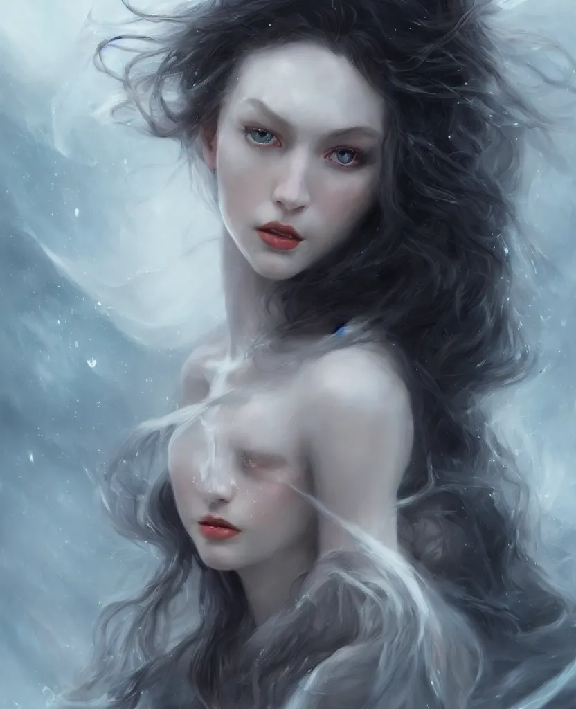 Image similar to a portrait of a ice queen with long dark curly hair and red eyes, stoic, pale skin, alone dramatic, epic painting, painted by artgerm and wlop, cgsociety, beautiful, artbreeder, artstation, octane render, sharpness, 8 k, golden ratio