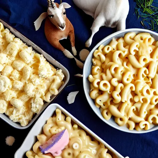 Image similar to A group photo of a seal, a unicorn, a goat and a box of mac and cheese