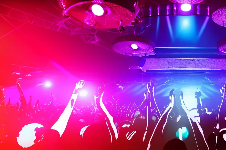 Prompt: dj on stage spinning records with headphones looking over crowd partying with their hands up at a club, volumetric lighting, haze, moving heads light beams, spot lights, disco ball, silhouette, digital art, trending on artstation, 4k, unreal engine, intricate, ornate