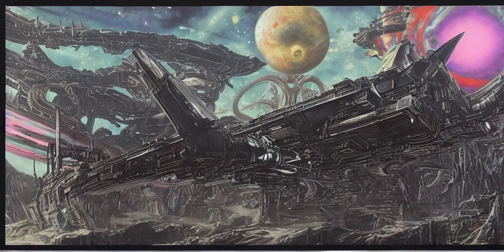 Image similar to an eldritch brutalist gothic airbrush painting of a voidpunk starship ready for battle, illustrated by hg wells, warhammer 4 0 k, lisa frank, josh kirby imperium of man juggernaut, sci - fi and cyberpunk, clean linework, obsidian hull, technological, artificial bejeweled and gilded