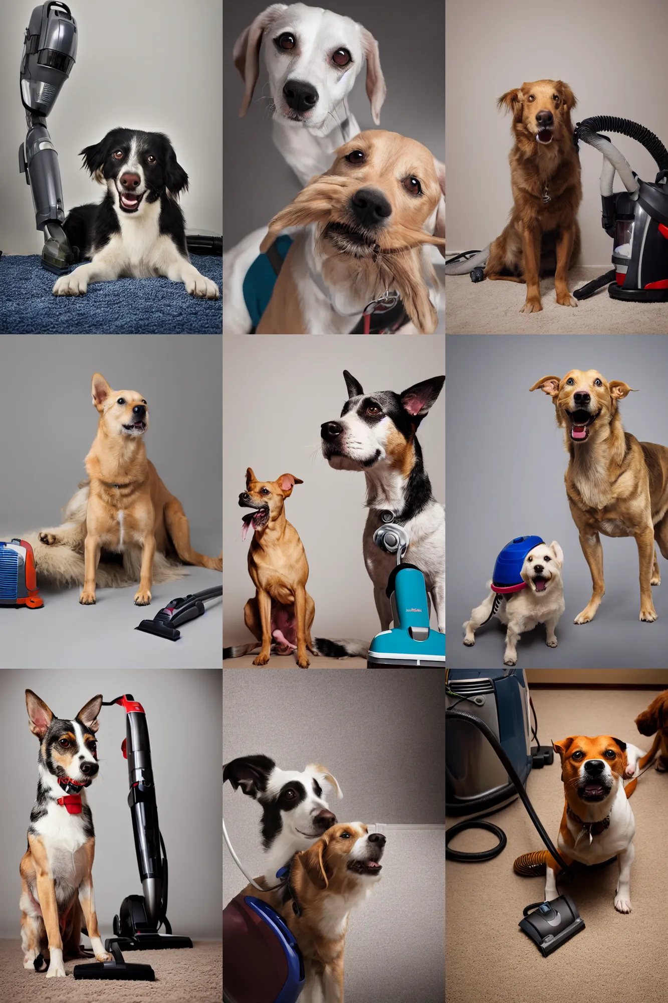 Prompt: Dog startled by vacuum cleaner, studio portrait