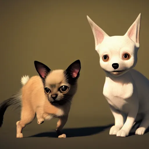 Prompt: an adorable blond long haired chihuahua playing with a cute black cat : : in the style of pixar : : octane render, unreal engine 5, cinematic lighting, cinematic depth of field