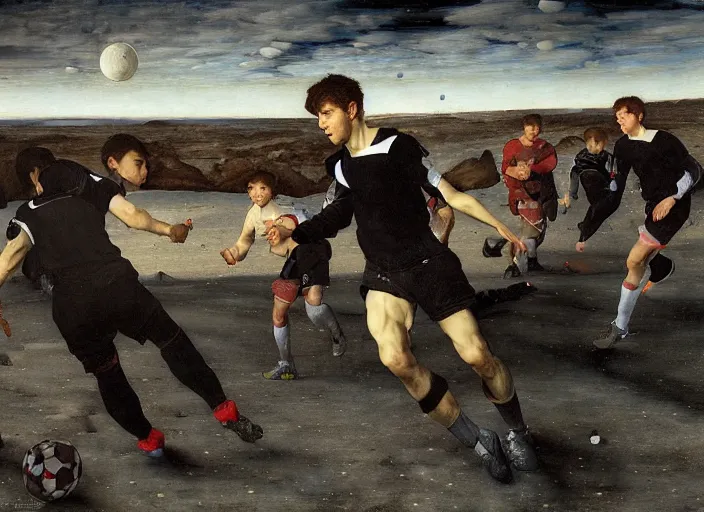 Image similar to a soccer match on the moon by edgar maxence and caravaggio and michael whelan and delacroix style, artistic, intricate painting, cinematic lighting, hyper realistic, extremely detailed, establishing shot, 8 k resolution, dramatic lighting