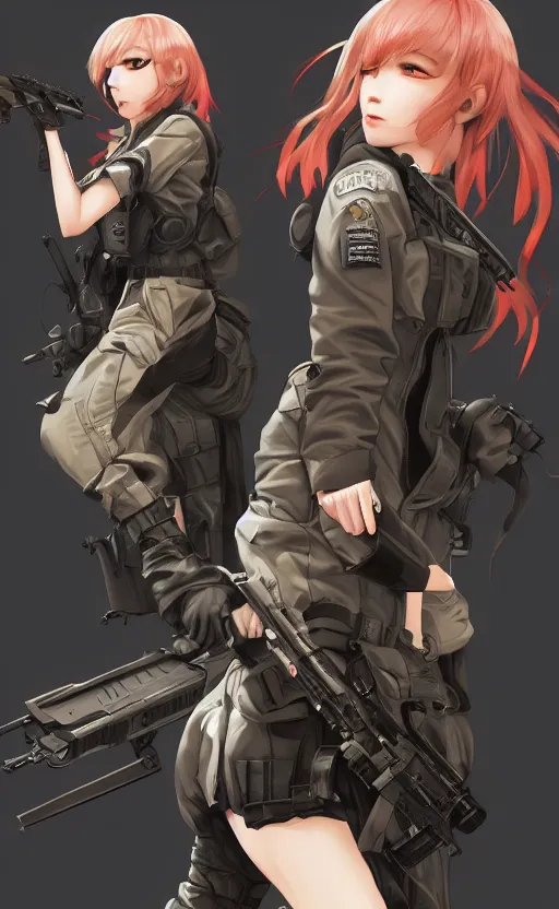 Prompt: highly detailed, high resolution, character design art, stunning, volumetric lightning, realistic guns, girls frontline style, matte, sharp focus, 130mm, illustration, artstation, by ilya kuvshinov, professional result, realistic human anatomy, simple design, realistic military gear, metal gear style