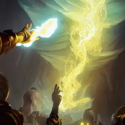 Prompt: priest glove glowing in white yellow light shooting magic yellow ray at skeleton spell scroll art by artgerm and greg rutkowski and Craig Mullins, James Jean, Andrey Ryabovichev, Mark Simonetti and Peter Morbacher 16k