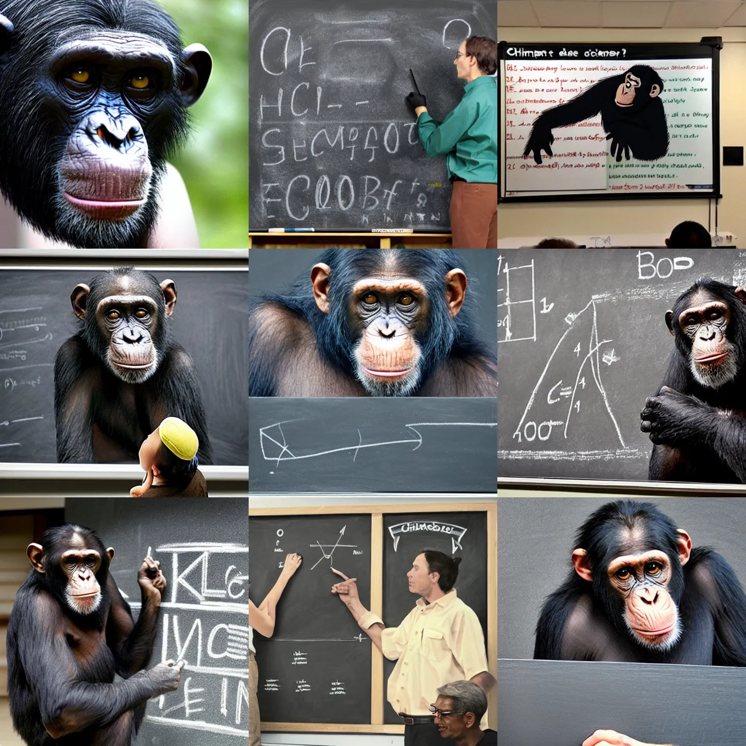 Prompt: chimpanzee!!!!!! scientist writing!!!!!! on blackboard chalkboard teaching!!!!!! lecturer