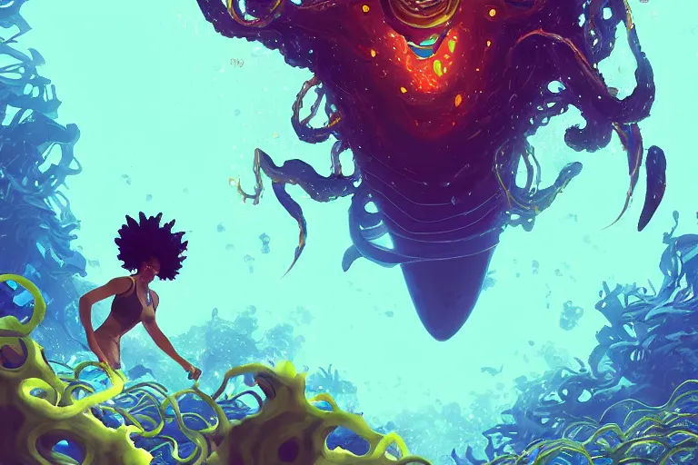 Image similar to afro - futurist scuba divers escaping a gigantic alien angler fish through a kelp forest | hyperrealistic digital painting by makoto shinkai, ilya kuvshinov, lois van baarle, rossdraws | afrofuturism in the style of hearthstone and overwatch, trending on artstation