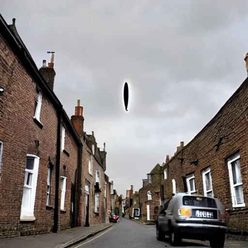 Image similar to english town street, photo, google street view, a black hole is growing and absorbing the street