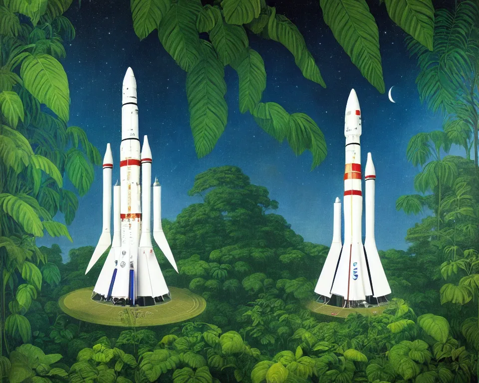 Image similar to an achingly beautiful print of the Apollo 11 capsule in the middle of a tropical rainforest by Raphael, Hopper, and Rene Magritte. detailed, romantic, enchanting, trending on artstation.