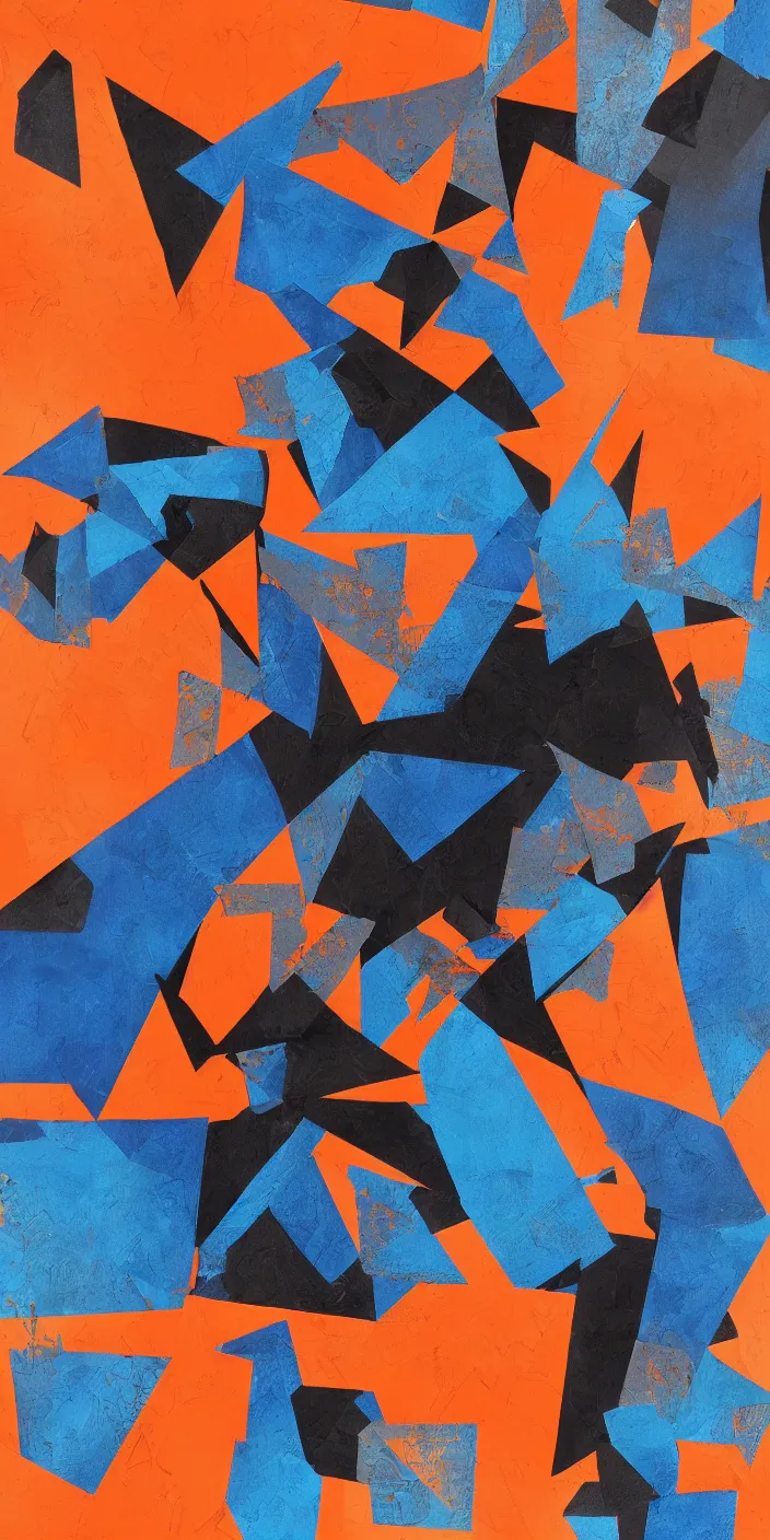 Prompt: Abstract collage by Augustine Koffie, blue and orange tones, black paper, elegant, intricate details, trending on art station