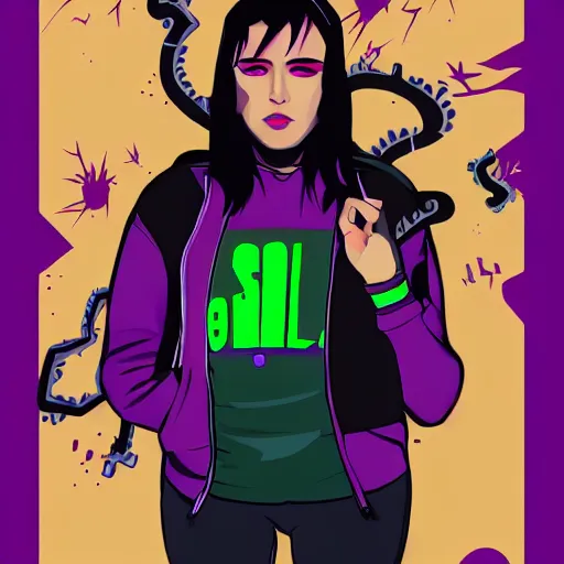 Image similar to poster artwork, sci fi, a female, full body, black hoodie techie, black hair with purple streaks, 8 k