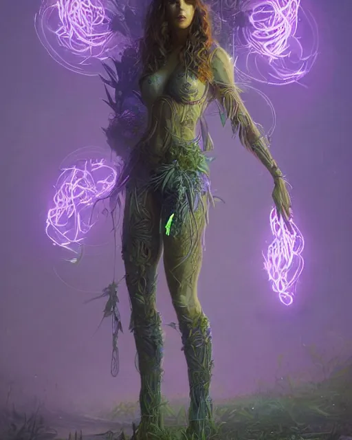 Image similar to full body woman made of plants weed and steel, fantasy character portrait full body concept art, intricate details, volumetric neon purple lights by greg rutkowski, gaston bussiere