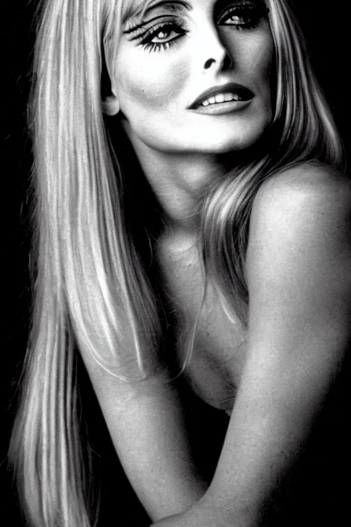 Prompt: stunning award - winning herb ritts portrait of sharon tate. curly shiny glossy hair. old hollywood makeup. vintage glamour. glossy dark lips. supermodel. high fashion black and white photography. vogue. nikon 5 0 mm f / 1. 6