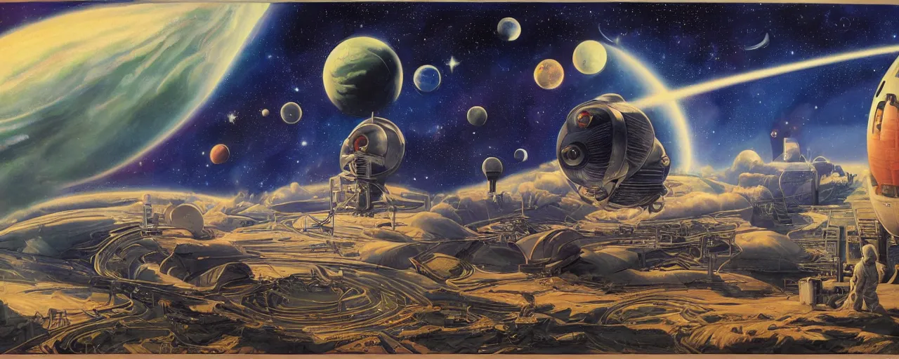 Image similar to a beautiful future for space program, astronauts and space colonies, utopian, by david a. hardy, wpa, public works mural