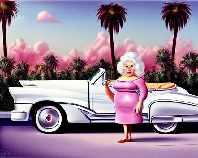 Prompt: fat shiny ceramic white hair old women in a vintage 5 0 s convertible cadillac in the miami art deco hotel district with palm trees, hyperrealistic, artstation, illustration, nicoletta ceccoli, mark ryden, lostfish, dan decarlo, bob clampett, max fleischer, matte paint, vivid colors