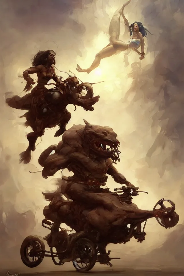 Prompt: A beautiful oil cartoony painting of a happy Remi Malek riding a tricycle by Lucas Graciano, Frank Frazetta, Greg Rutkowski, Boris Vallejo, epic fantasy character art, high fantasy, Exquisite detail, post-processing, low angle, masterpiece, cinematic