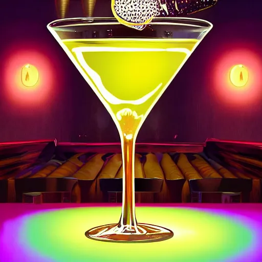 Prompt: young Bill Cosby laughing with large glowing martini glass, in nightclub background, colorful 16k hyper realistic digital art