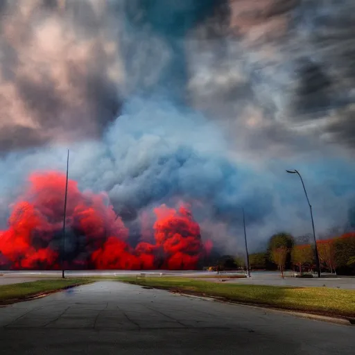 Image similar to dystopian, destroyed washington dc, real, blue sky, smoke, red clouds, detailed, award winning, masterpiece, photograph, cinematic, hyperrealism