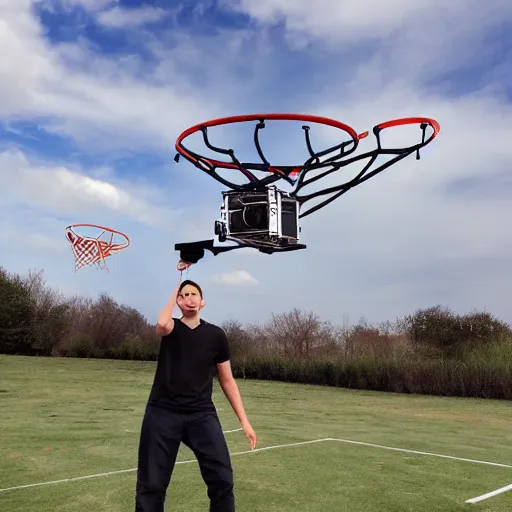 Image similar to flying drone robot with basketball hoop on drone robot body