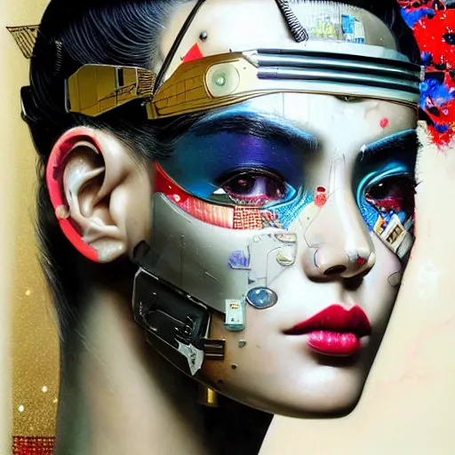 Image similar to portrait of cyborg geisha by sandra chevrier, by makoto shinkai, cybernetics, glamor shot, closeup, vivid colours, hyper realistic detailed intricate render, hypermaximalist, ornate, epic composition, sharp focus, masterpiece