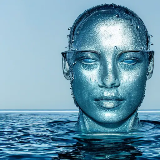 Image similar to a sculpture made out of water in the shape of a human head, on the ocean water, water manipulation, cinematic, in the style of johnson tsang, long shot, hyper detailed, hyper realistic, ray tracing, 8 k resolution, sharp focus, realistic water, award winning