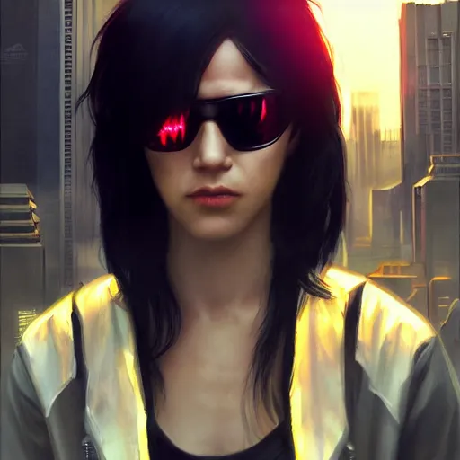 Prompt: portrait of a young female cyberpunk assassin, implanted sunglasses, augmentation, black hair, dramatic light, city background, sunset, high contrast, sharp, painted by stanley lau, painted by greg rutkowski, painted by stanley artgerm, digital art, trending on artstation