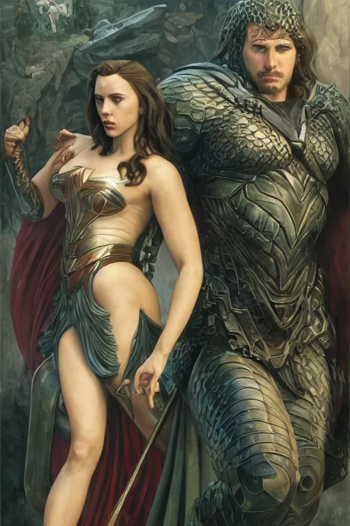 Image similar to A fantasy comic book style Oil Painting portrait of Scarlett Johansson and Gal Gadot, as Atlantean Reptilian Warriors, Mystical Valkyrie, unreal 5, DAZ, hyperrealistic, octane render, Regal, Refined, Detailed Digital Art, RPG portrait, William-Adolphe Bouguereau, Michael Cheval, Walt Disney (1937), François Boucher, Steampunk, dynamic lighting, Highly Detailed, Cinematic Lighting, Unreal Engine, 8k, HD