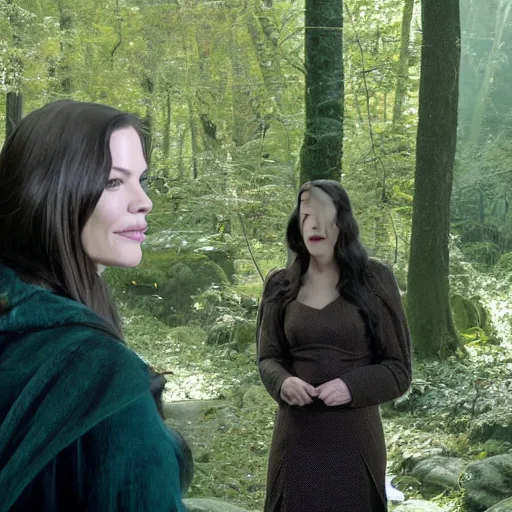 Prompt: stunning live footage of news anchorwoman liv tyler reporting from lothlorien interviewing arwen, lord of the rings movie, by daniella zalcman, directed by peter jackson, highly detailed, canon eos r 3, f / 1. 4, iso 2 0 0, 1 / 1 6 0 s, 8 k, raw, symmetrical balance