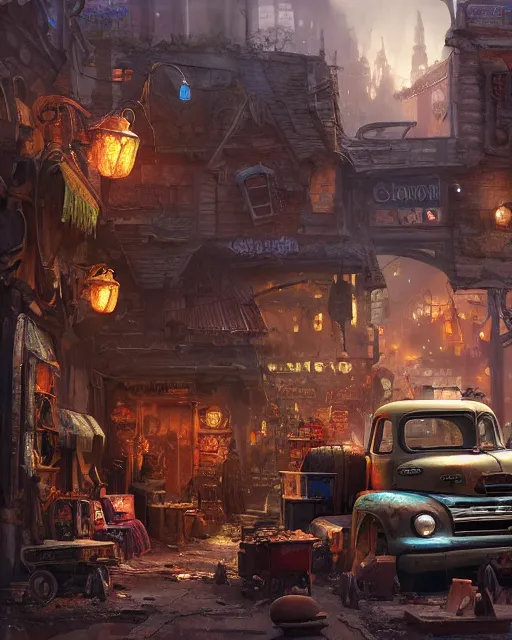 Image similar to old truck fallen apart in a street of a robust fantasy village, people gathered to watch, calming, uplifting mood, ultra realistic, factory, funny, small buildings, highly detailed, epic lighting, illuminated, cinematic, morning, art by eddie mendoza