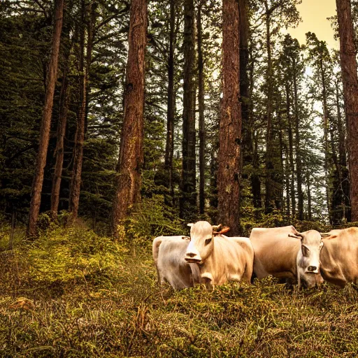 Image similar to DLSR photograph of several cows looking at the camera, in creepy forest, night-time, low lighting, eyes glinting