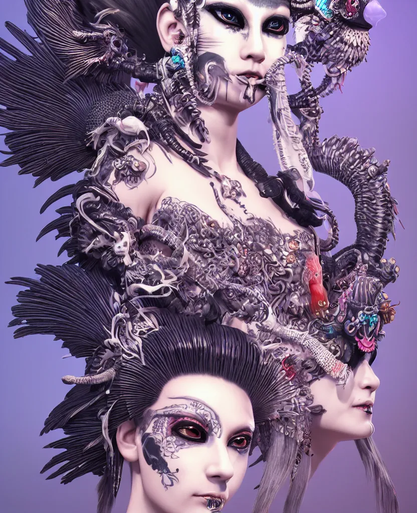 Image similar to 3 d goddess close - up profile portrait punk with mohawk with ram skull. beautiful intricately detailed japanese crow kitsune mask and clasical japanese kimono. betta fish, jellyfish phoenix, bio luminescent, plasma, ice, water, wind, creature, artwork by tooth wu and wlop and beeple and greg rutkowski