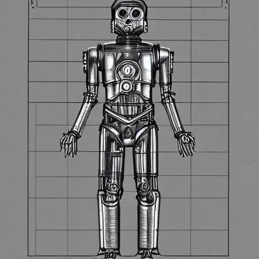 Image similar to technical blueprint of C3PO, pencil style
