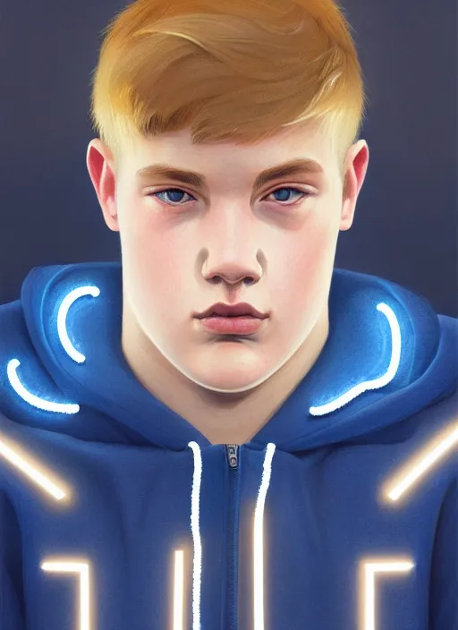 Image similar to portrait of high school senior boy named big moose, blonde short hair, jock, beefy, wide face, square jaw, square facial structure, blue varsity jacket with letter r, intricate, elegant, glowing lights, highly detailed, digital painting, artstation, concept art, sharp focus, illustration, art by wlop, mars ravelo and greg rutkowski