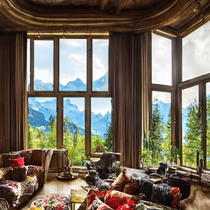 Prompt: photo of a fantastical living room with switzerland landscape in the window in the style of maximalism