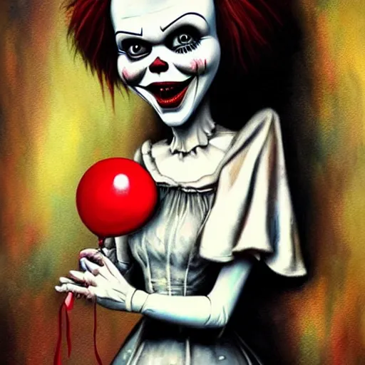 Image similar to grunge painting of anabelle with a wide smile and a red balloon by chris leib, loony toons style, pennywise style, corpse bride style, horror theme, detailed, elegant, intricate