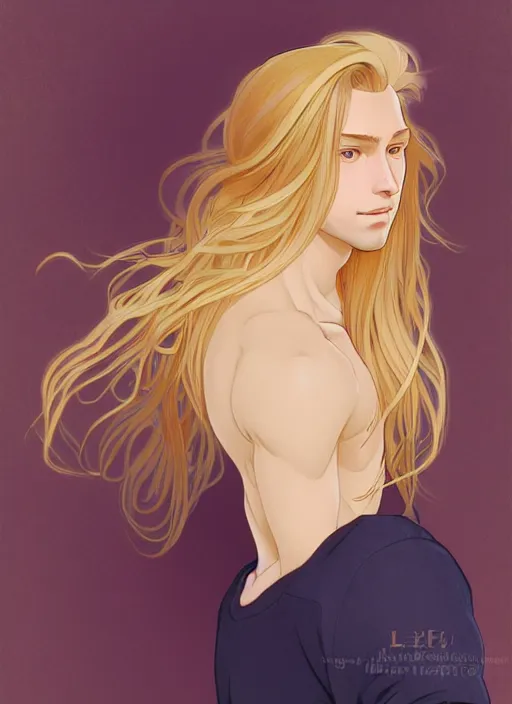 Image similar to pretty young man with shoulder length shiny shimmering golden blond hair, half body shot, path traced, highly detailed, high quality, digital painting, by studio ghibli and alphonse mucha, leesha hannigan, hidari, disney