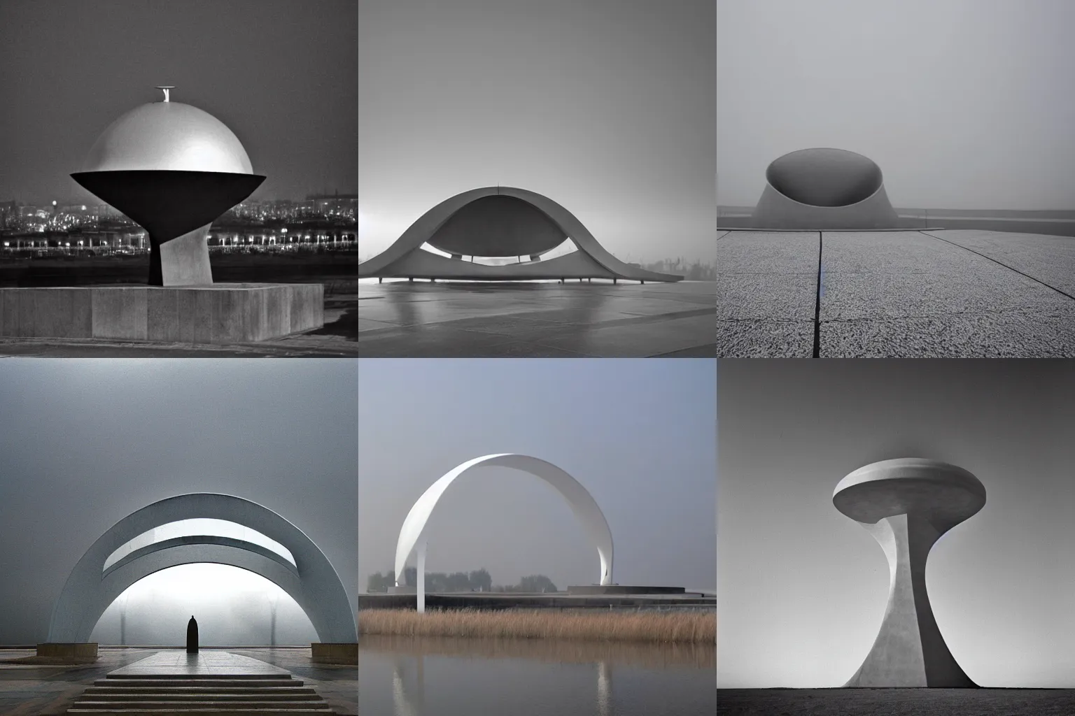 flying saucer sculpture, foggy, sovietic architecture, Stable