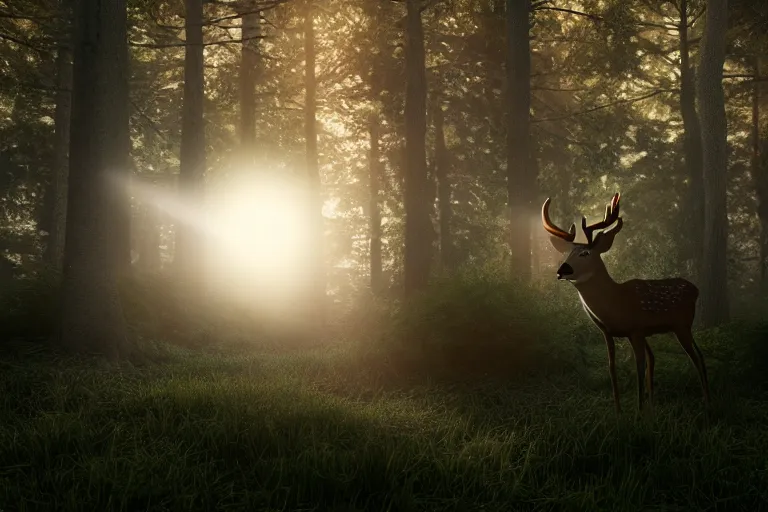 Image similar to a close up of the head of a laser-eyed deer, background of a landscape misty forest scene, the sun glistening through the trees, hyper realistic photograph, octane render 8k, trending on artstation, unreal engine