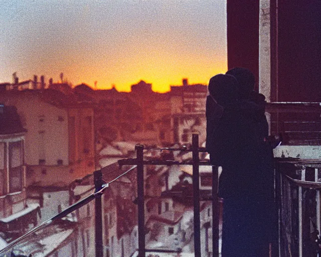 Image similar to lomo photo of pair standing on small hrushevka balcony full with cigarette smoke in small russian town looking at sunset, cinestill, bokeh