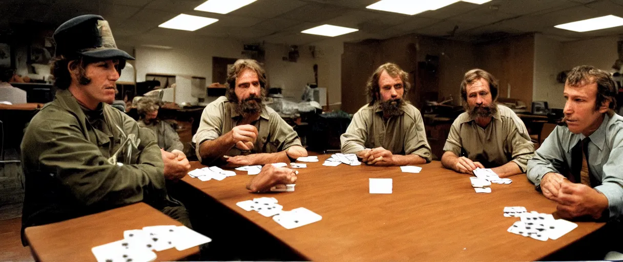 Prompt: a high quality extreme wide establishing shot hd 4 k film 3 5 mm color photograph of a group of grizzled caucasian male civilian military contractors sitting at a square table playing cards in a dimly lit breakroom smoking ciggarettes in 1 9 8 2