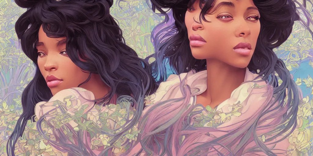 Image similar to beautiful black woman with gorgeous pastel balayage hairstyle, as seen on artgerm, octane render, in the style of alphonse mucha, ultra realistic, highly detailed, 8 k