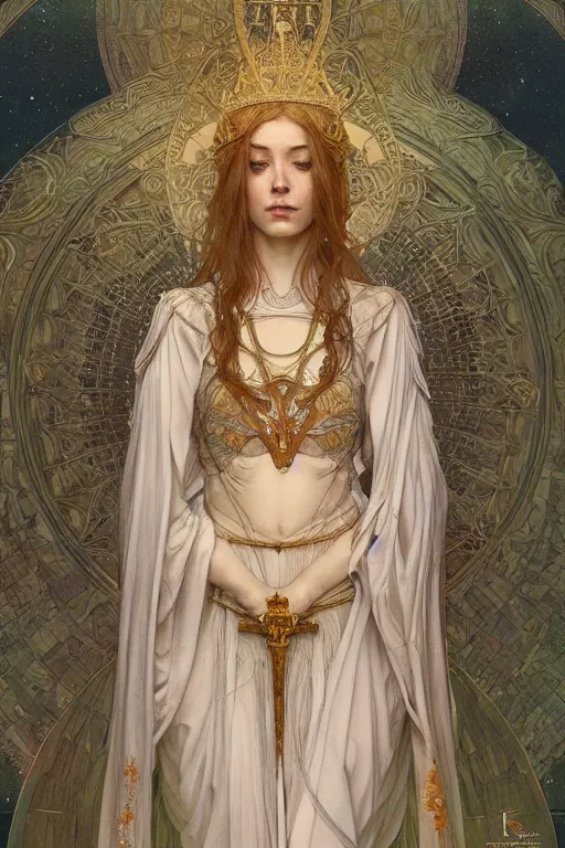 Image similar to a full body portrait of a beautiful ethereal delicate nordic mage queen meditative sacral pose catholic stages of the cross, intricate, elegant, highly detailed, digital painting, artstation, concept art, smooth, sharp focus, illustration, art by krenz cushart and artem demura and alphonse mucha