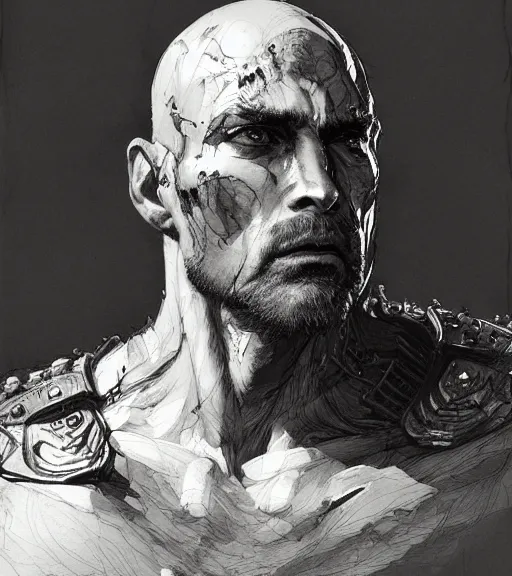 Prompt: portrait of strong bald man with burn scars in scale armor, pen and ink, intricate line drawings, by craig mullins, ruan jia, kentaro miura, greg rutkowski, loundraw