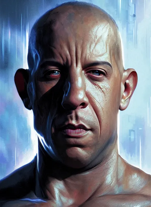 Image similar to vin diesel as victor stone, full body concept, cyborg, borg, strogg, face of a man, terminator, flesh, quake strogg, doom demon, wolfenstein, monstrous, powerful, symmetry, symmetrical, concept art by ruan jia and greg rutkowski