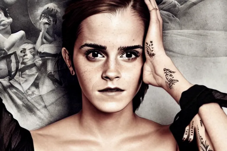 Image similar to emma watson, dope tattoo, hyperrealistic