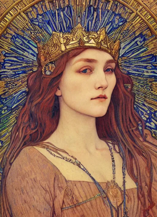Image similar to detailed realistic beautiful young medieval queen face portrait by jean delville, alphonse mucha, vincent van gogh, and marco mazzoni, art nouveau, symbolist, visionary, gothic, pre - raphaelite